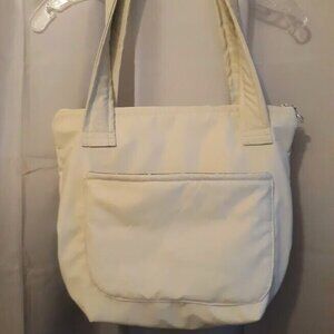 NEW Faux Leather Shoulder bag Ivory Vinyl Purse DoubleHandle Satchel Plaid liner